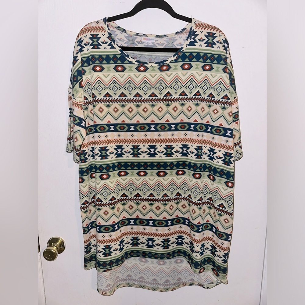 XL LLR Irma Tee with Blue, Green, and Red Aztec Print